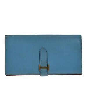 HERMES H Logo Bearn Long Bifold Wallet Leather Blue Red GHW France 32EF997